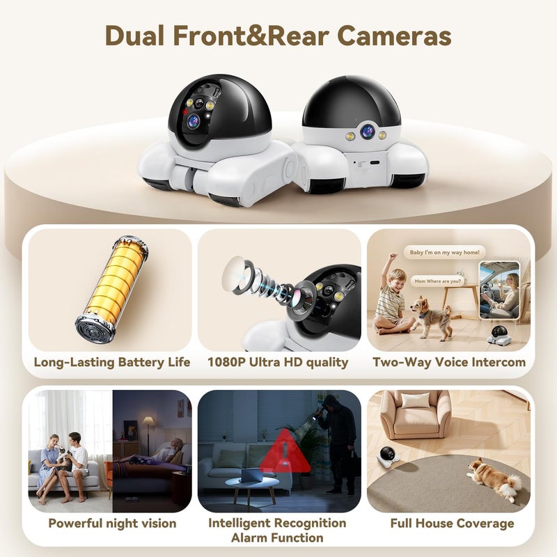 AEZ Robot Camera on Wheels 1080P Dual Lens,Indoor Movable Security Camera with 2-Way Talk,Blinky Bot with Night Vision,Distance Bot App Control for Cats/Dogs/Baby/Elderly (SD/Cloud Storage) - Image 2